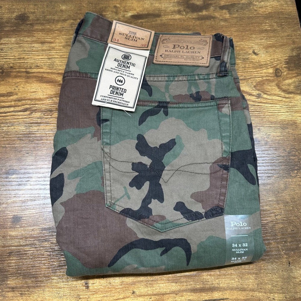 NEW Polo Ralph Lauren Sullivan Slim Camo Jeans Mens 34x32 Green Camouflage Denim